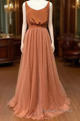 Burnt Orange Scoop Neck Satin Top Long Bridesmaid Dresses
