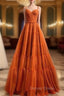 Burnt Orange Straps Tulle A-Line Long Prom Gown Formal Dresses