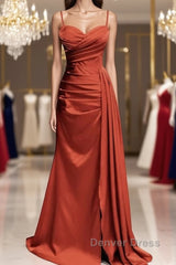 Burnt Orange Sweetheart Slit Satin Spaghetti Straps Dresses
