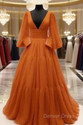 Burnt Orange Tulle V-Neck Ball Gown Dresses