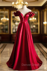 Burugndy Satin Off the Shoulder Prom Dresses