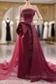 Burugndy Tulle Strapless Sequins Beading Prom Dresses