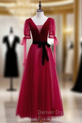 Burugndy Velvet Tulle Short Sleeve Prom Dresses