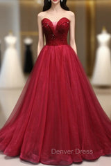 Burundy Tulle Strapless Beading Prom Dresses