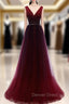 Buy Cheap Pleats Beading Burgundy V Neck Long A Line Tulle Prom Dresses Under 120