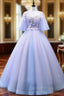 Buy The Newest Purple Ball Gowns Tulle Backless See Through V Neck Appliques Quinceanera Dresses