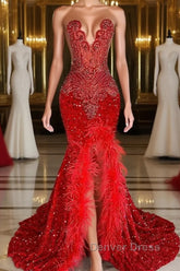 Mermaid Prom Dresses with Sequins Sleeveless Split Beadings and Feather Embellishments