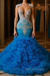 Ocean Blue Mermaid Tulle Ruffle Prom Dresses Long With Beadings