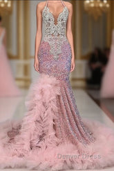 Pink Halter Mermaid Prom Dresses with Sequins Beadings and Tulle Ruffle