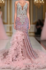 Pink Halter Mermaid Prom Dresses with Sequins Beadings and Tulle Ruffle