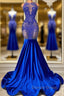 Sleeveless Royal Blue Scoop Neck Mermaid Prom Dresses with Beadings