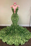 Exquisite Green V-neck Sequins Sleeveless Floor-length Mermaid Prom Dresses