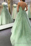 Sage Green Straps Tulle With Lace Train Long Prom Dresses, Sage Green Party Dresses