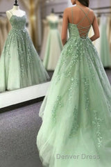 Sage Green Straps Tulle With Lace Train Long Prom Dresses, Sage Green Party Dresses
