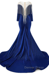 Deep V-neck Shiny Royal Blue Long sleeves Mermaid Prom Dresses