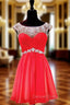 Cap Sleeve Beaded Crystals Backless Red Chiffon Homecoming Dresses