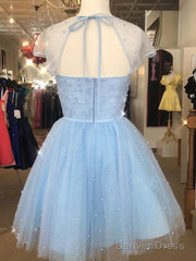 Cap Sleeves Short Beaded Prom Dresses, Short Blue White Yellow Graduation Homecoming Dresses