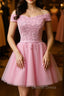 Cap Sleeves Short Pink Lace Prom Dress, Short Pink Lace Prom Bridesmaid Dresses