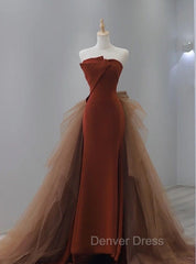 Caramel Color Tulle Strapless Prom Dresses