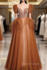 Caramel Tulle Puff Sleeve Beading Prom Dresses