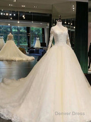 Cathedral Train Appliques Long Sleeve A-line Wedding Dresses