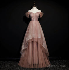 Dark Pink Tulle Beaded Layer Tulle Long Evening Dress, Charming Prom Dress
