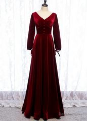 Charming Dark Red Velvet Long Sleeves A Line Party Dress, Party Prom Dress