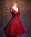 Wine Red Short Lace Cute Homecoming Dress, V Neckline Lace Up Teen Party Dress