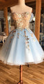 A Line Off The Shoulder Above Knee Light Blue Homecoming Dresses, With Appliques