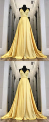 Long Yellow Prom Dresses, Leg Split Evening Gowns
