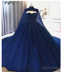 Elegant Lace Embroidery Tulle Beaded Quinceanera Dresses, Navy Blue Ball Gown Prom Dress, With Cape