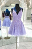 Purple V Neck Tulle Lace Short Homecoming Dress, Lace Cocktail Dresses