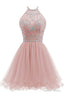 Beaded Halter Homecoming Dress, Short Tulle Dress