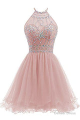 Beaded Halter Homecoming Dress, Short Tulle Dress