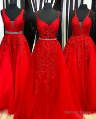 A Line Red Beaded Tulle Gown Prom Dresses