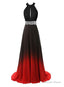 Beautiful Gradient Color Halter Beaded Prom Dress, Red And Black Prom Dresses