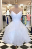 White Tulle Layered V Neck Short Homecoming Dress, White A Line Prom Dresses