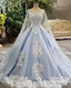 Blue And White Lace Shiny Prom Dress, Charming Prom Dresses
