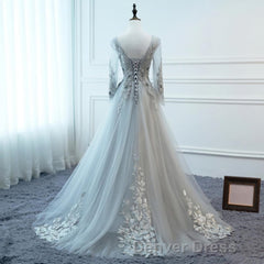 Grey Long Sleeves V Neckline Tulle Prom Dresses, A Line Floor Length Party Dresses