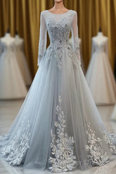 Grey Long Sleeves V Neckline Tulle Prom Dresses, A Line Floor Length Party Dresses