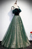 Spaghetti Straps Tulle Lace Green Prom Dress, Floor Length Lace Up Prom Dresses