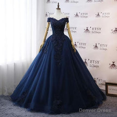 Prom Dresses, Navy Blue Wedding Dresses, Floral Lace Ball Gown Off Shoulder Evening Dress