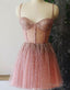 A Line Spaghetti Straps Short Dress, Dusty Pink Beaded Homecoming Dresses