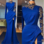 Royal Blue Mermaid Prom Dresses, High Neck Long Sleeves Side Split Gold Appliques Prom Gown