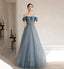 Blue Tulle Long A Line Prom Dress, Off Shoulder Prom Dresses