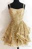 A Line Sequins Gold Short Homecoming Dress, Glitter Cocktail Prom Dresses