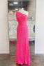 2026 One Shoulder Hot Pink Sequined Prom Dresses