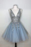 Blue V Neck Tulle Sequin Short Dress, Blue Homecoming Dresses