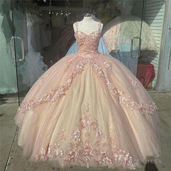 Pink Sparkly Quinceanera Prom Dresses, Lace Flower Sweet 16 Tulle Party Ball Gown