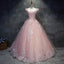 Pink Cap Sleeves Ball Gowns Tulle With Lace Sweet 16 Prom Dress, Long Quinceanera Dresses